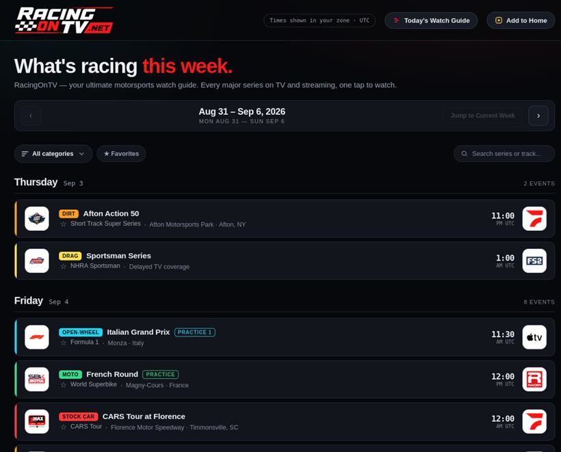The racingontv.net TV schedule